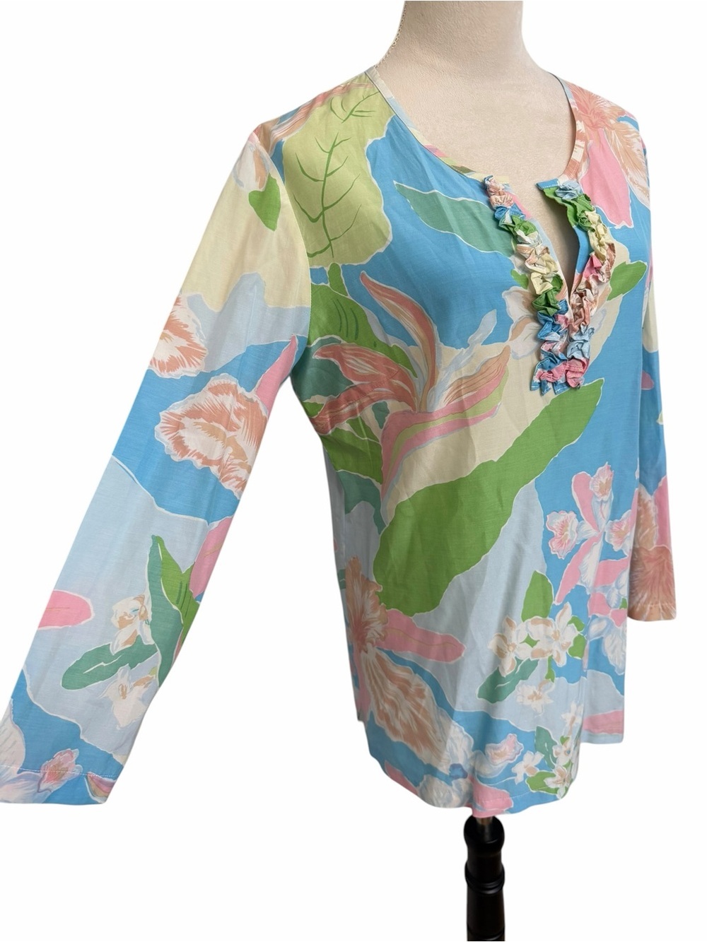 J. McLaughlin Floral Ruffle V-Neck Paisley Summer Cotton Tunic